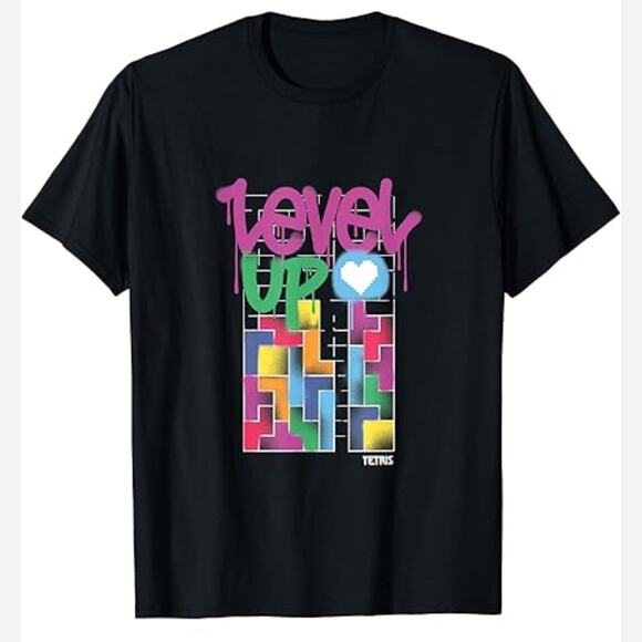 New PORT & COMPANY Tetris Level Up Graphic Tee T-Shirt Women’s SIZE L Black - Picture 1 of 10